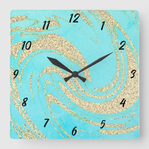 Gold Glitter Wave Pattern Blue Girly Nursery Decor Square Wall Clock