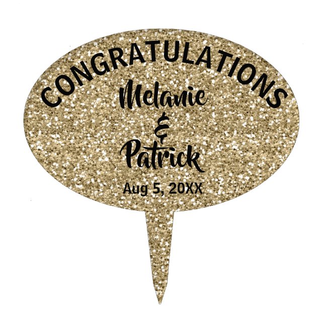 Gold Glitter Wedding Congratulations Cake Topper (Front)