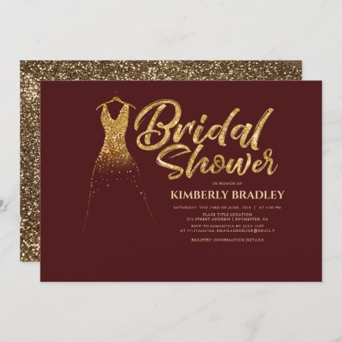 Gold Glitter Wedding Dress Burgundy Bridal Shower Invitation