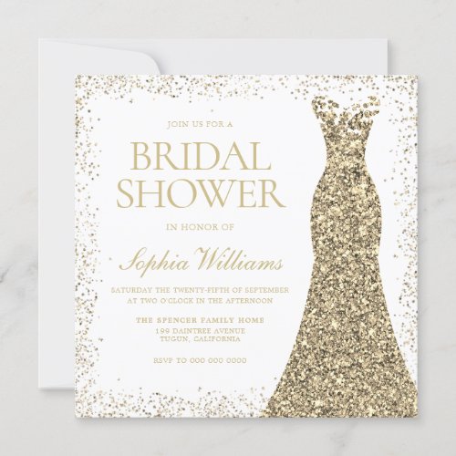 Gold Glitter Wedding Dress Gown Bridal Shower Invitation