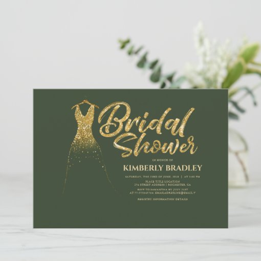 Gold Glitter Wedding Dress Green Bridal Shower Invitation | Zazzle