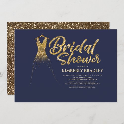 Gold Glitter Wedding Dress Navy Blue Bridal Shower Invitation