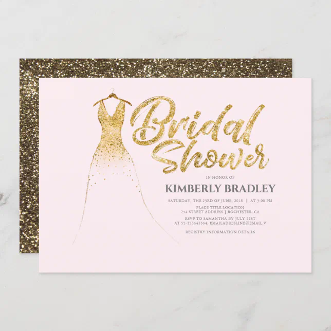 Gold Glitter Wedding Dress Soft Pink Bridal Shower Invitation 