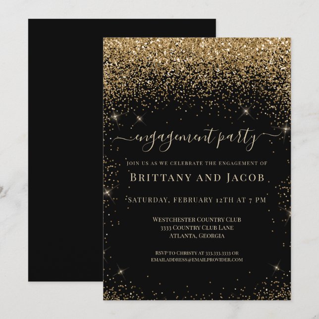 Gold Glitter Wedding Engagement Black Party  Invitation (Front/Back)
