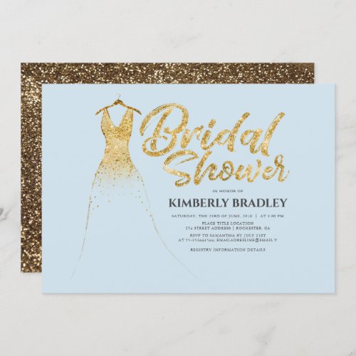 Gold Glitter Wedding Gown Dusty Blue Bridal Shower Invitation