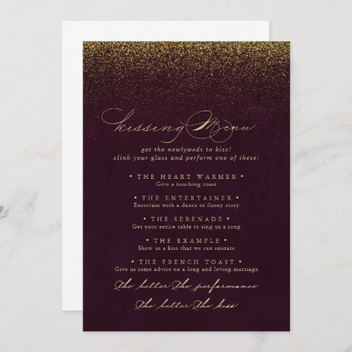 Gold Glitter Wedding Kissing Menu Game Card