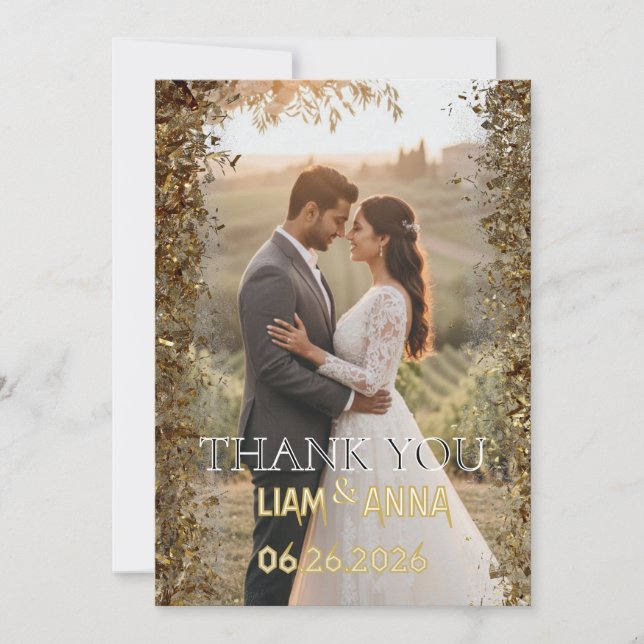 Gold Glitter Wedding Photo Thank You Card (Front)