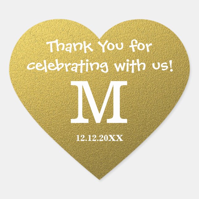 Gold Glitter Wedding Thank You Monogram Heart Sticker (Front)