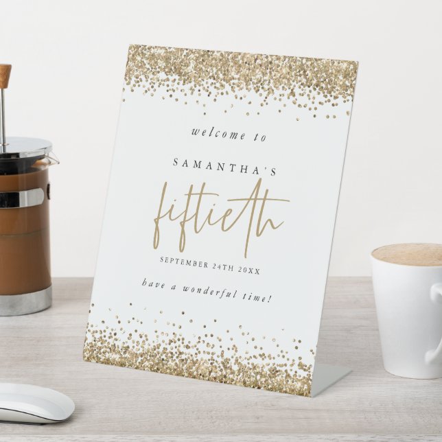 Gold Glitter Welcome Fiftieth Birthday Party Pedestal Sign (In SItu)