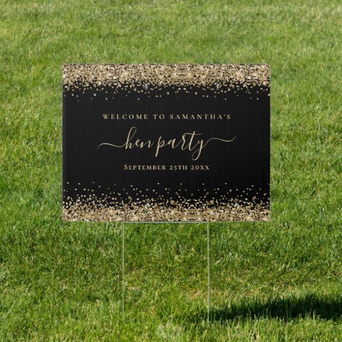 Gold Glitter Welcome to Hen Party Name Date Black Sign