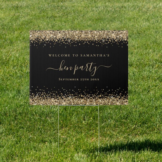Gold Glitter Welcome to Hen Party Name Date Black Sign (Insitu)