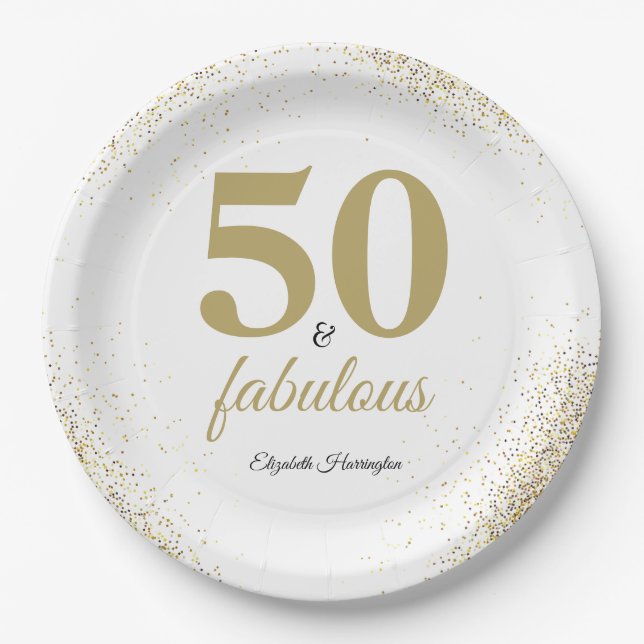 Gold Glitter White 50 And Fabulous Birthday Paper Plates (Front)