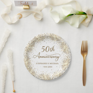 Gold Glitter White 50th Wedding Anniversary  Paper Plates