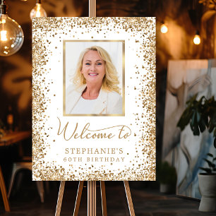 Gold Glitter White 60th Birthday Photo Welcome Foam Board