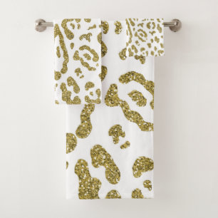 Gold Glitter White Cheetah Leopard Animal Print  Bath Towel Set