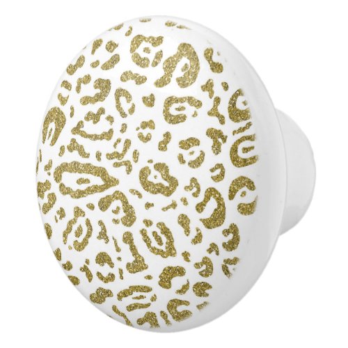 Gold Glitter White Cheetah Leopard Animal Print  Ceramic Knob