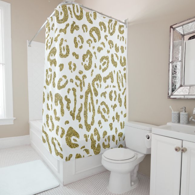 Gold Glitter White Cheetah Leopard Animal Print  Shower Curtain (In Situ)