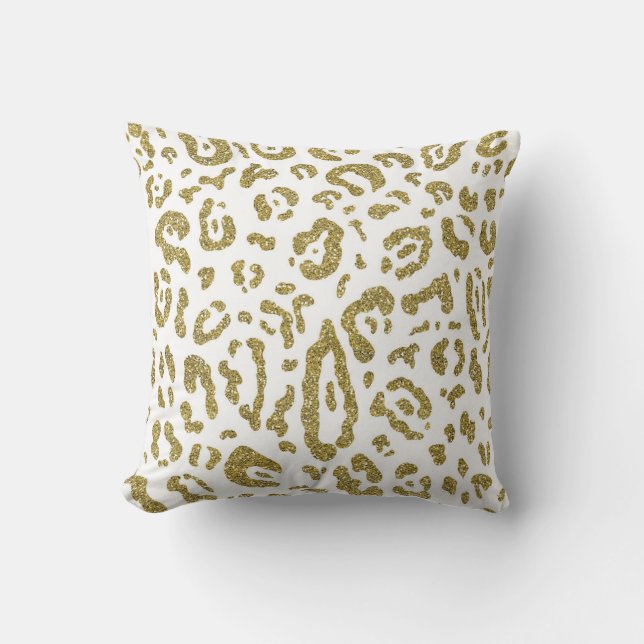 Gold Glitter White Cheetah Leopard Animal Print Throw Pillow (Front)