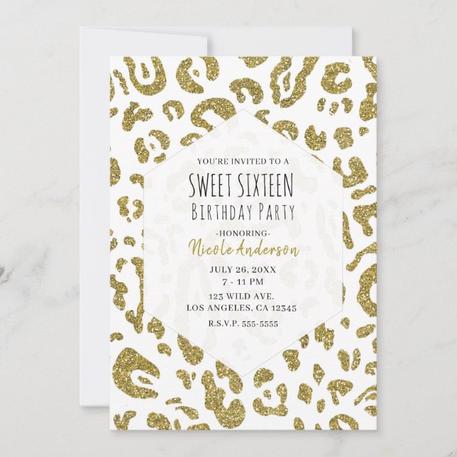 Gold Glitter White Cheetah Leopard Sweet 16 Party  Invitation (Front)
