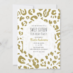 Gold Glitter White Cheetah Leopard Sweet 16 Party  Invitation