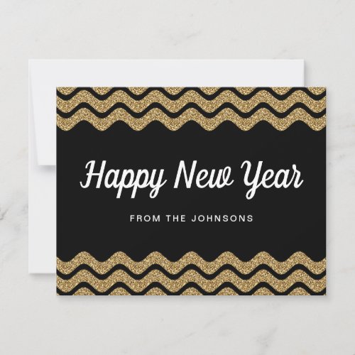 Gold Glitter White Chevron Stripes New Year Card