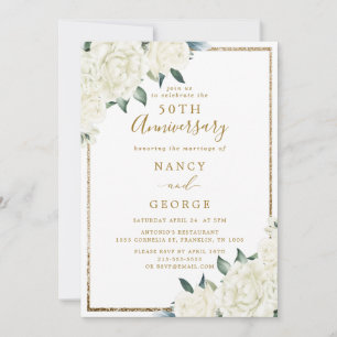 Gold Glitter White Floral 50th Wedding Anniversary Invitation