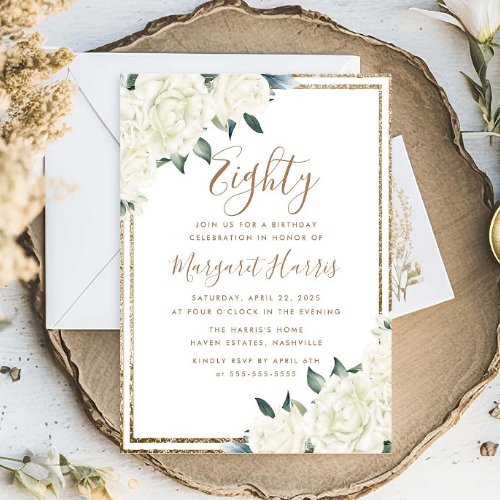 Gold Glitter White Floral 80th Eighty Birthday Invitation