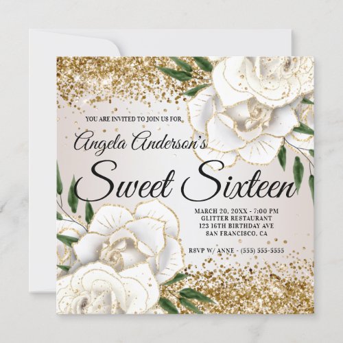 Gold Glitter White Floral Glam Sweet Sixteen Invitation