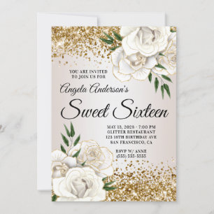 Gold Glitter White Floral Glam Sweet Sixteen Invitation