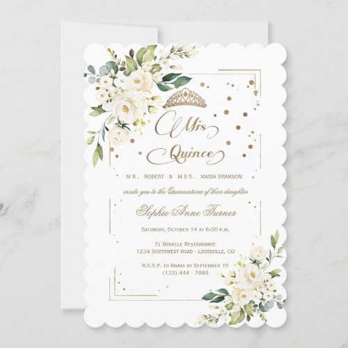 Gold Glitter White Floral Mis Quince Quinceaera Invitation