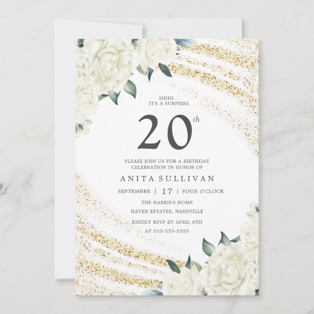 Gold Glitter White Floral Twenty 20th Birthday Invitation (Front)