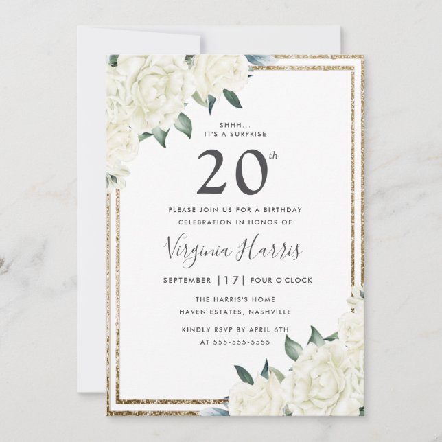 Gold Glitter White Floral Twenty 20th Birthday Invitation (Front)