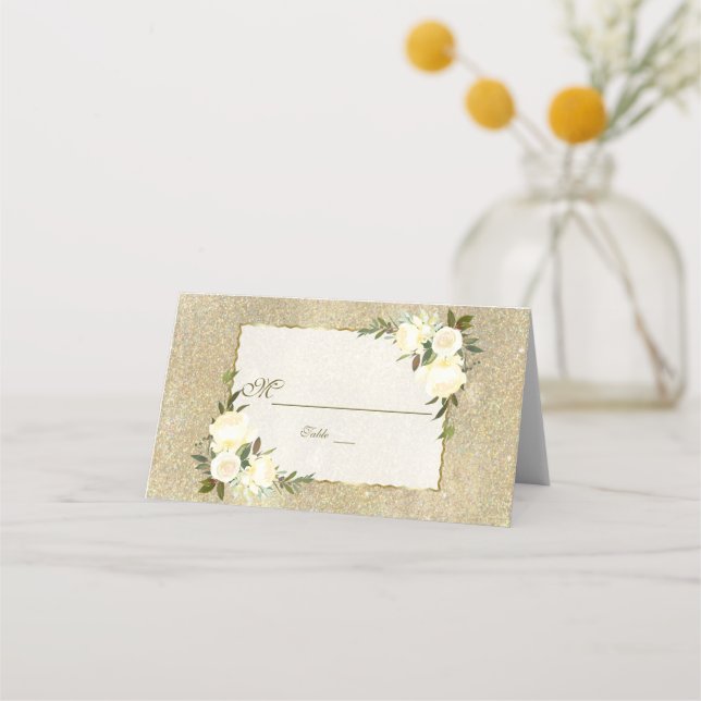 Gold Glitter White Floral Wedding Table Number Place Card (Front)