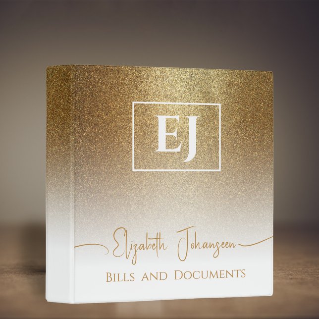 Gold Glitter White Girly Glam Sparkle Monogrammed 3 Ring Binder (Creator Uploaded)