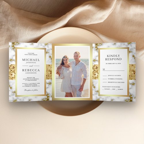 Gold Glitter White Grey Marble Photo Wedding Tri_Fold Invitation