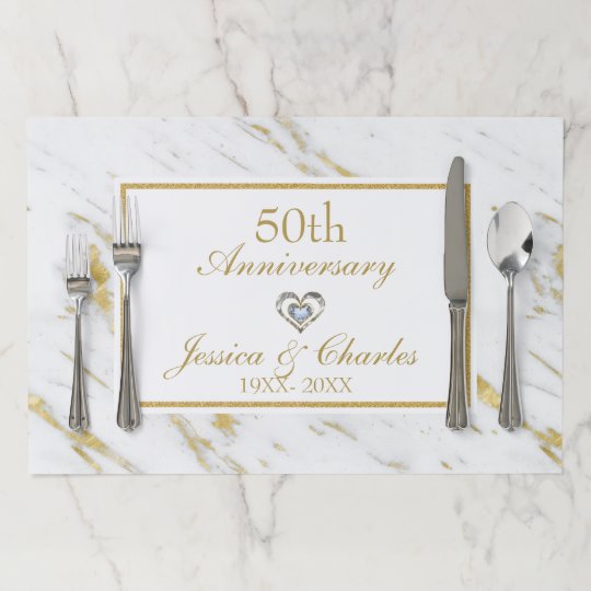 Gold Glitter White Marble 50th Anniversary Paper Placemat