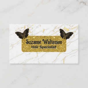 Gold Glitter White Marble Butterflies Business Card