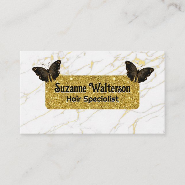 Gold Glitter | White Marble | Butterflies Business Card (Front)