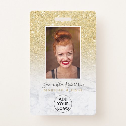 Gold glitter white marble logo employee photo pass badge