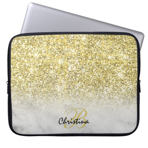 Gold Glitter White Marble Ombre Monogram Laptop Sleeve