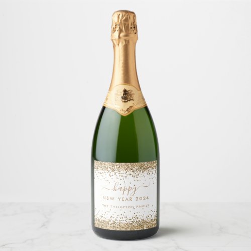 Gold Glitter White Name Happy New Year 2024 Sparkling Wine Label