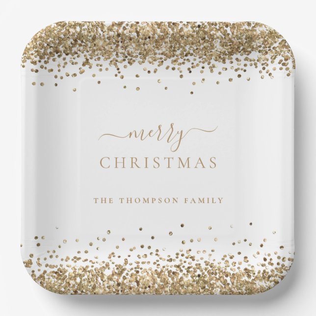 Gold Glitter White Name Merry Christmas  Paper Plates (Front)