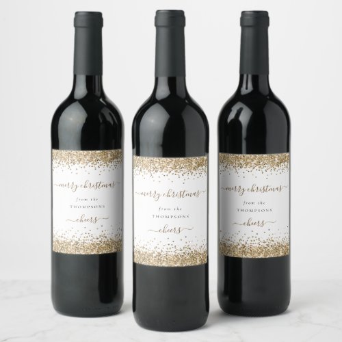 Gold Glitter White Name Merry Christmas  Wine Label