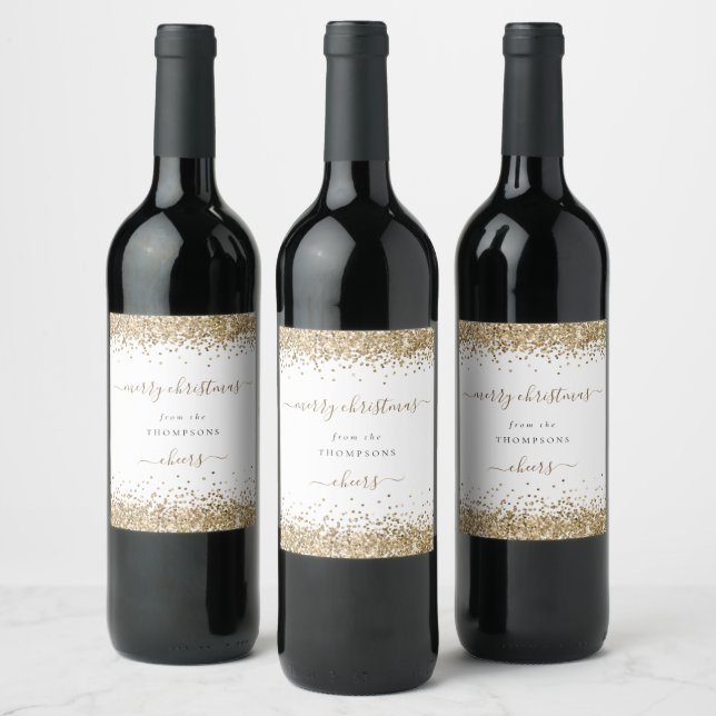 Gold Glitter White Name Merry Christmas  Wine Label (Bottles)
