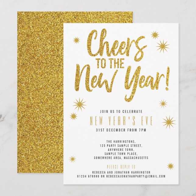 Gold Glitter White New Year's Eve Party Invitation (Front/Back)