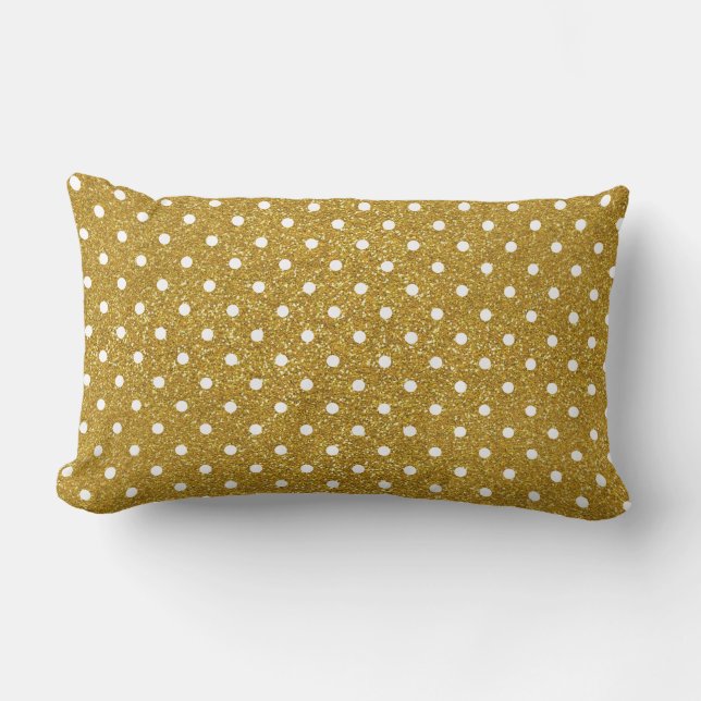 Gold Glitter & White Polka Dots Pattern Lumbar Pillow (Front)