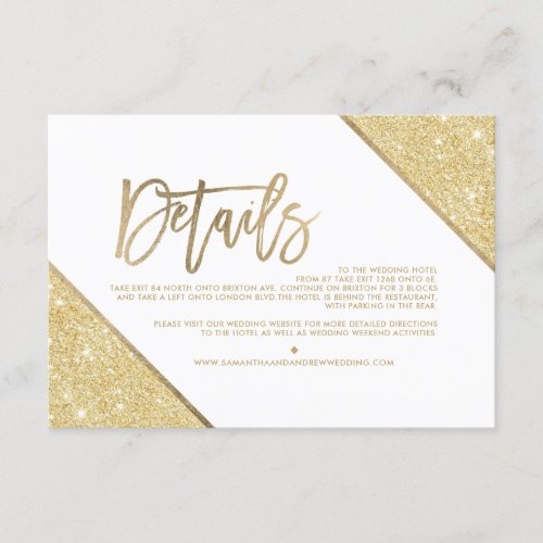 Gold glitter white script wedding direction enclosure card