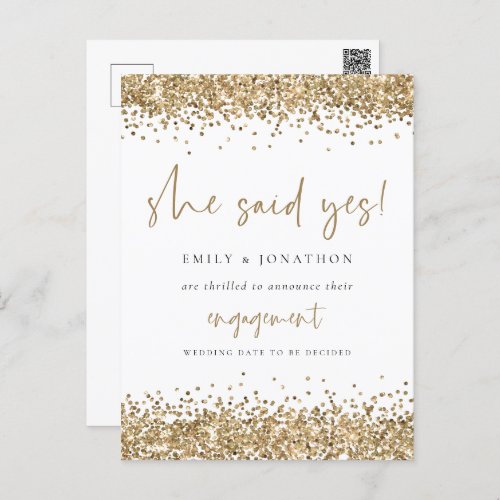 Gold Glitter White She Said Yes Engagement Postcard