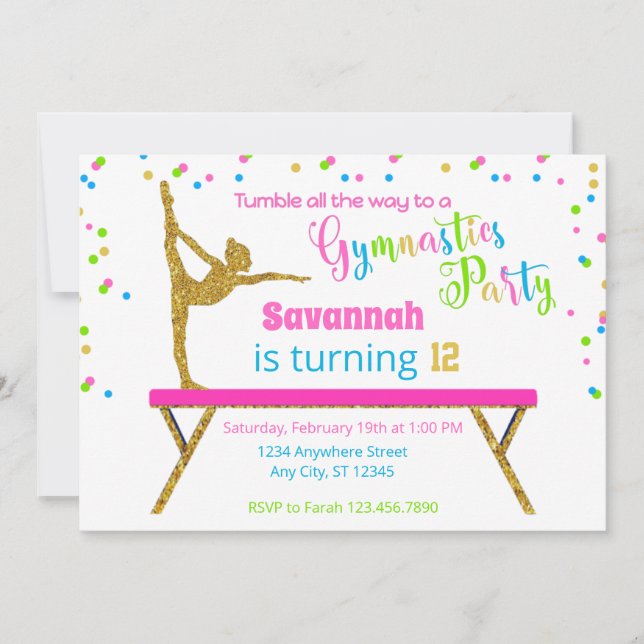 Gold Glitter White Sparkle Gymnastics Birthday Invitation (Front)