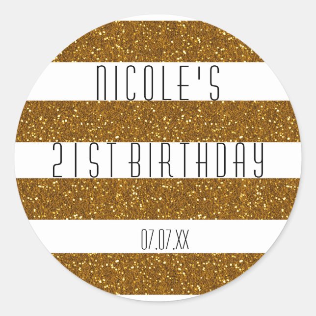 Gold Glitter & White Striped Party Favor Stickers (Front)